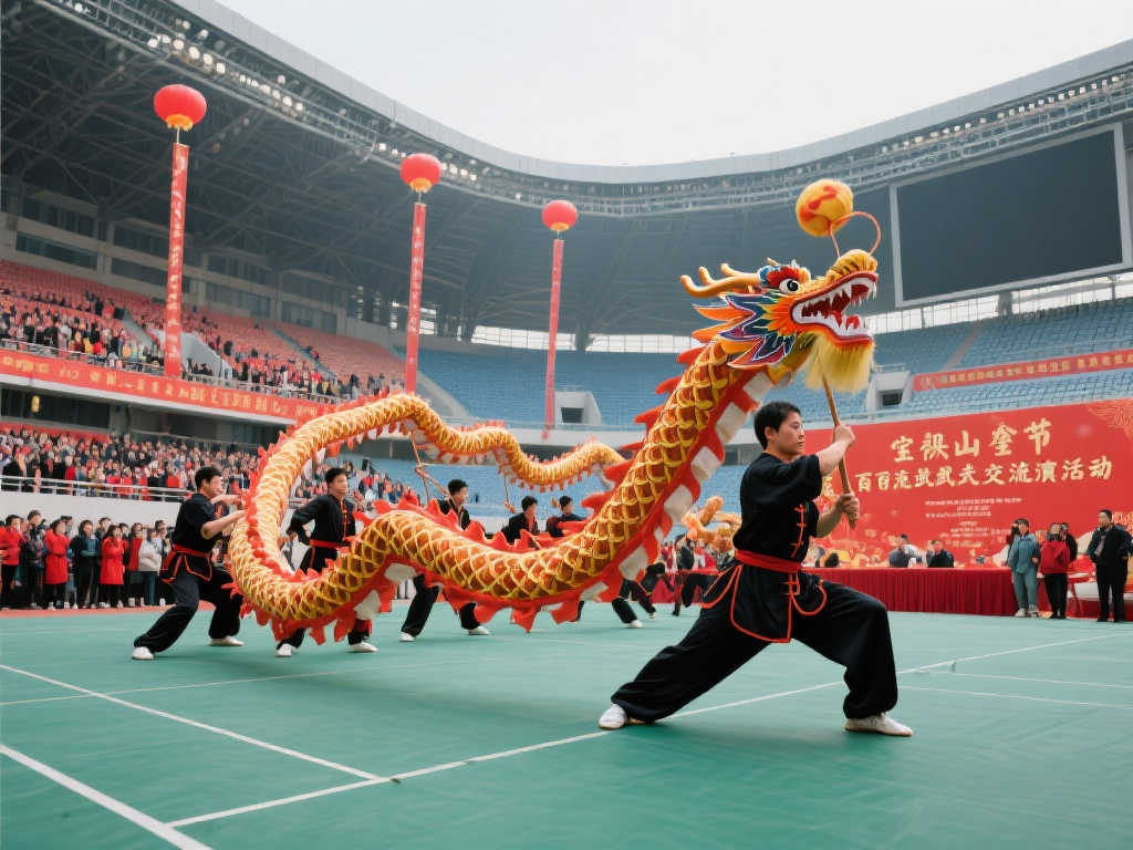 宝山体育中心百人游龙拳展演 为市民节日增添欢乐